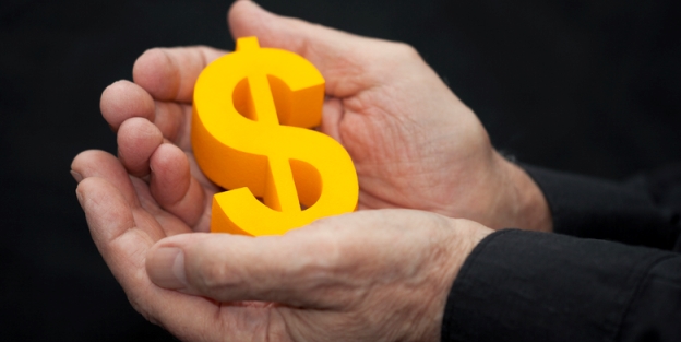Person holding yellow dollar sign in palms