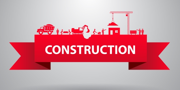 Red banner with Construction written on it, with a scene of construction site on top of banner