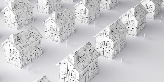 Black and white graphic with array of miniature houses with floorplans on each house