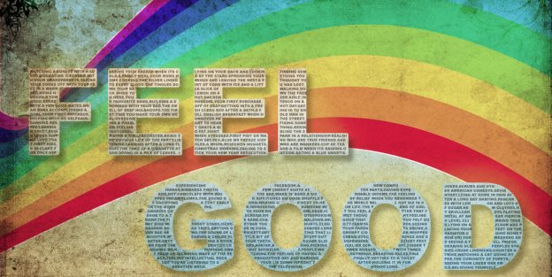 Feel Good text in front of a rainbow graphic