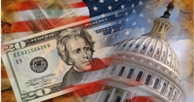 US parliment faded with US flag and dollar bill