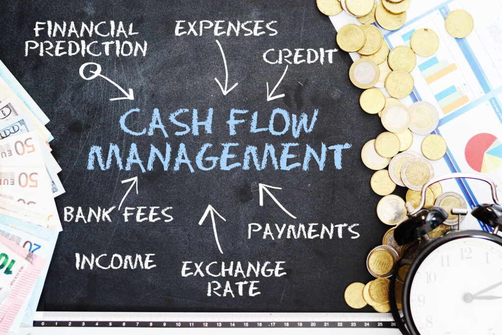 Cash flow management written on chalkboard with related concepts written around, and with coins, money and clock scattered