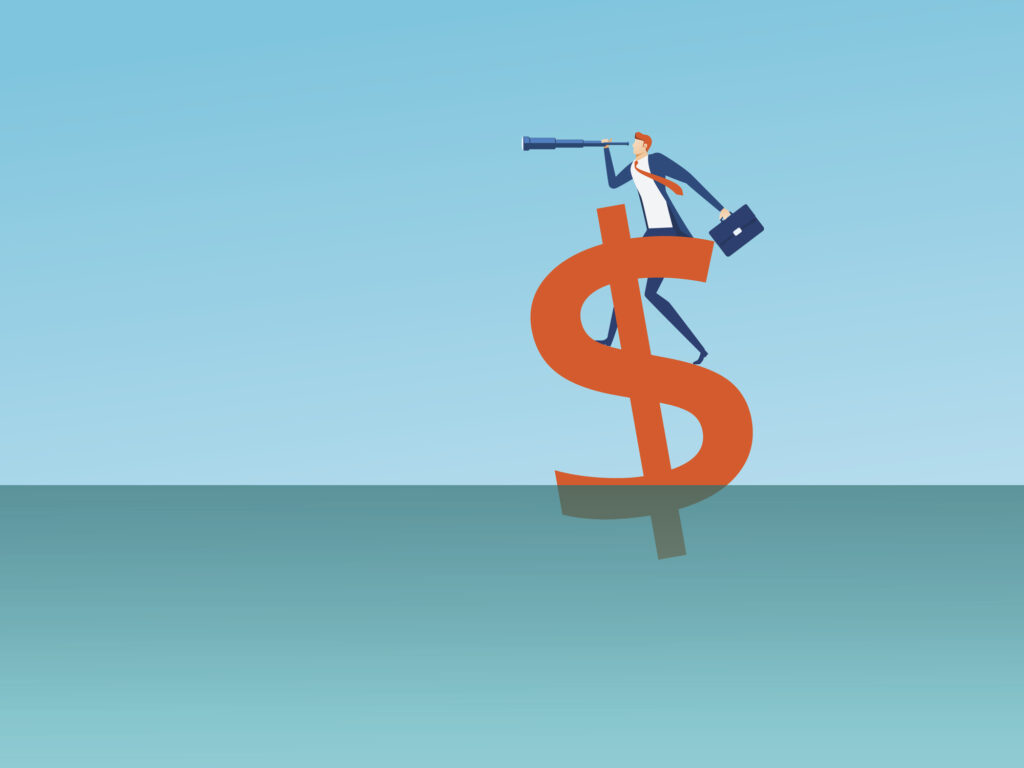 Businessman looking through telescope standing on floating dollar sign looking for success