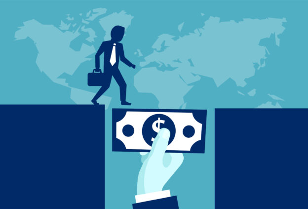 Blue and white graphic with Businessman using a dollar bill as a bridge to cross over a gap