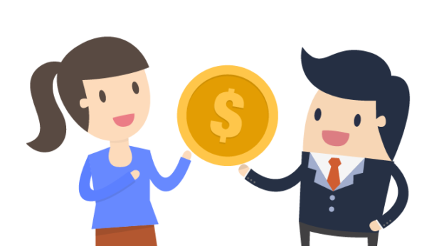 Clipart of happy woman and man holding large gold dollar coin