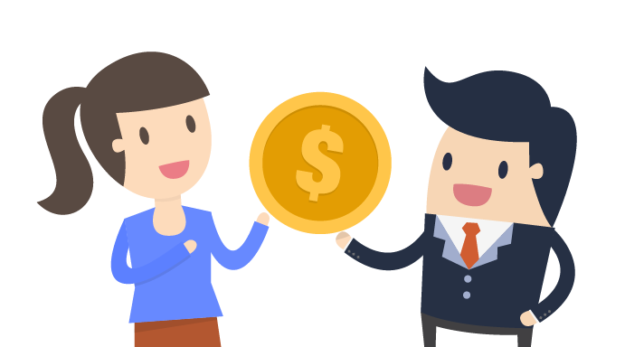 Clipart of happy woman and man holding large gold dollar coin