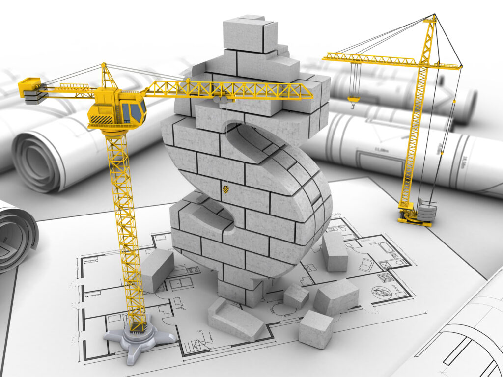 Graphic of a construction site building a 3D brick dollar sign