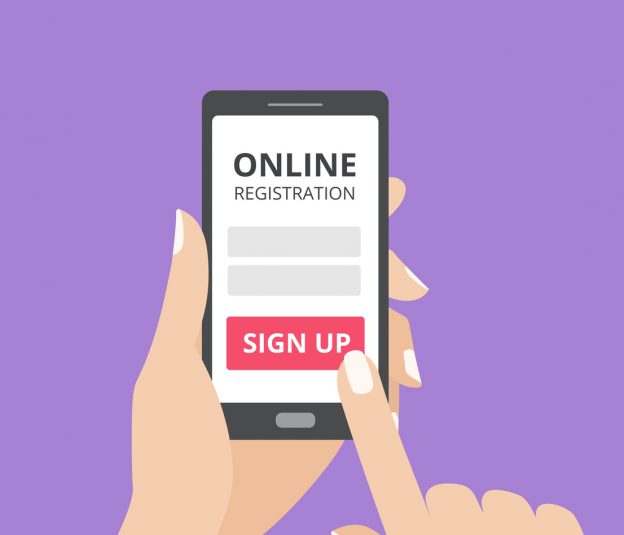 Illustration of hand using mobile phone to register online