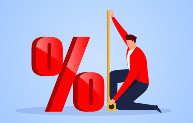 Illustration of man measuring giant percentage symbol