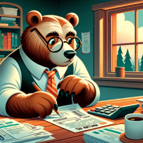 A cartoon scene depicting an older looking bear sitting at a wooden desk filling out a tax return form