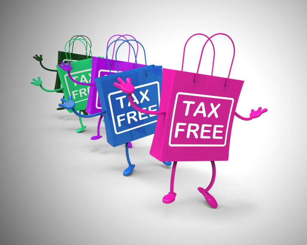 Colourful shopping bags with arms and legs dancing. Bags have 'tax free' written on them.