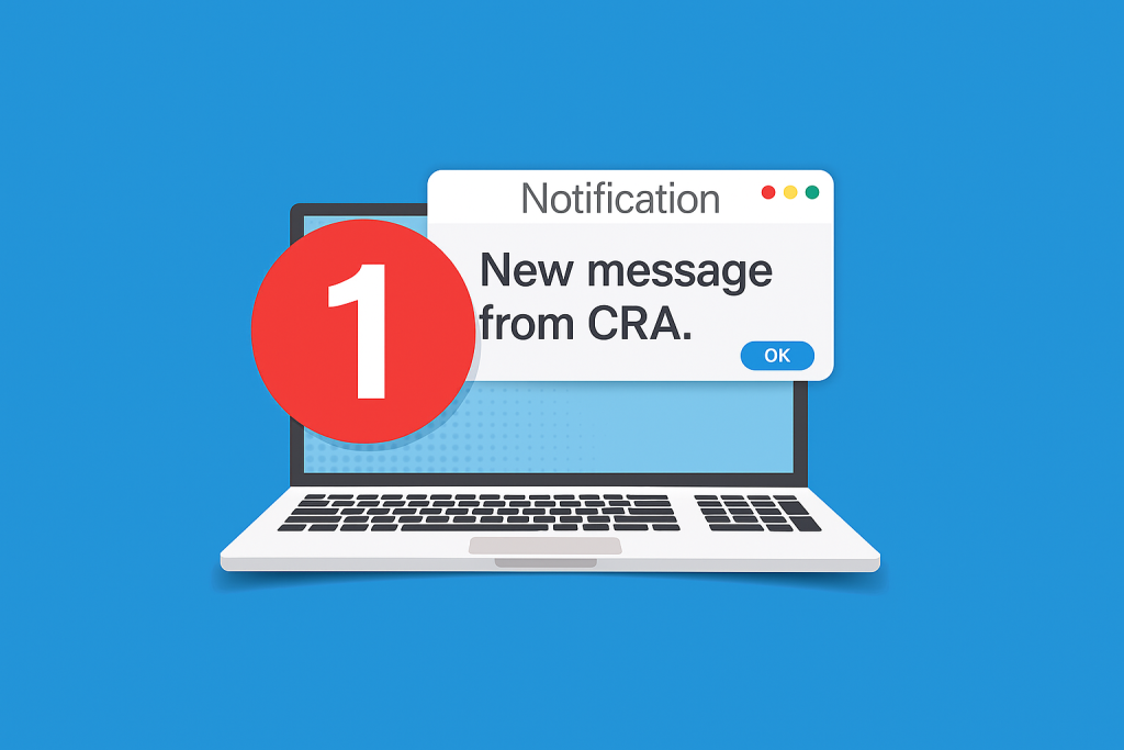 Illustration showing computer receiving notification of a new message from CRA